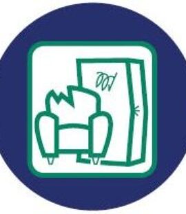 Pictogramme encombrant. dessin d'un fauteuil et d'une armoire hors d'usage dans un rond bleu foncé